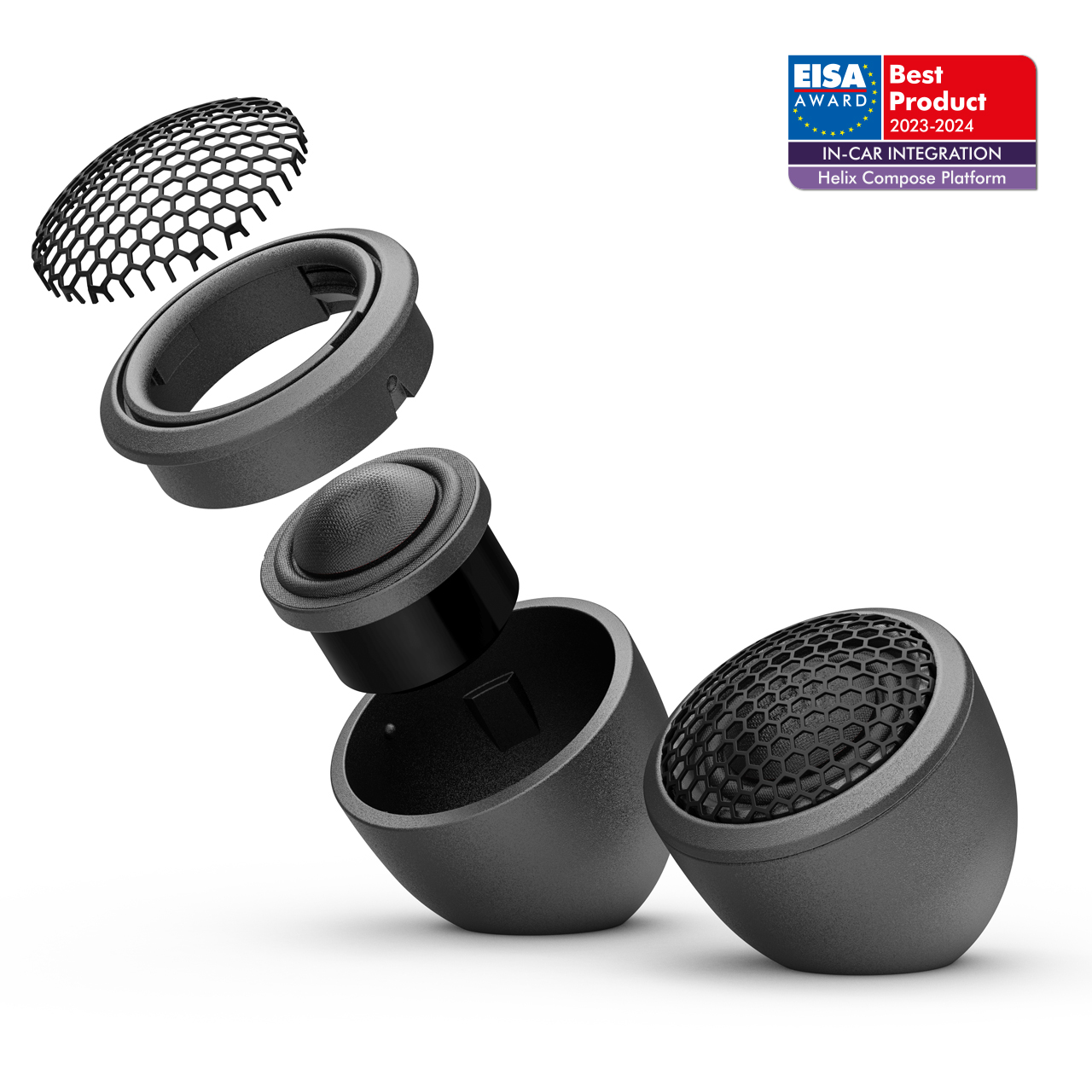 Ein zerlegter schwarzer Lautsprecher mit Netzabdeckung und Auszeichnung.