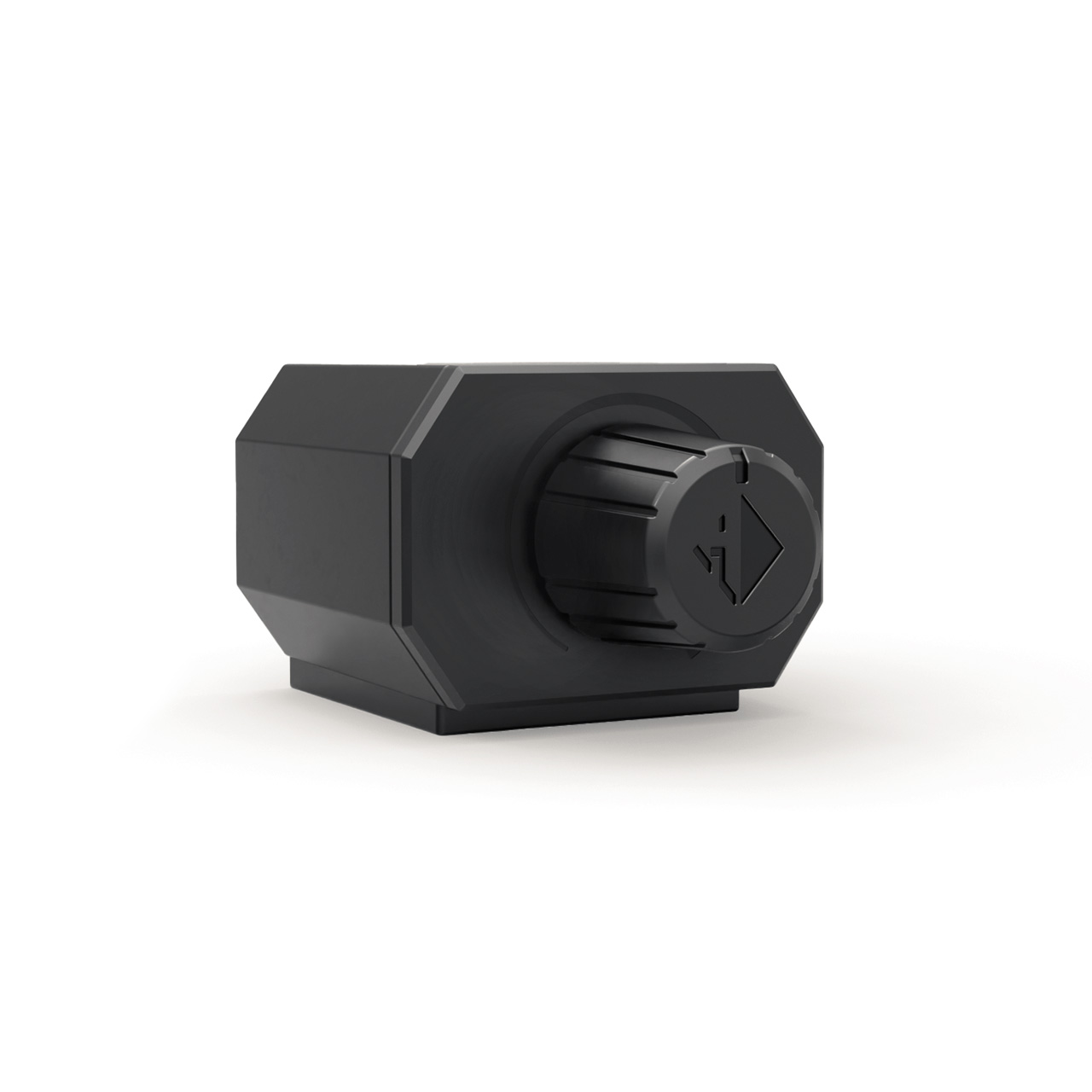 Ein schwarzes, sechseckiges Objekt mit einem runden Drehknopf.
