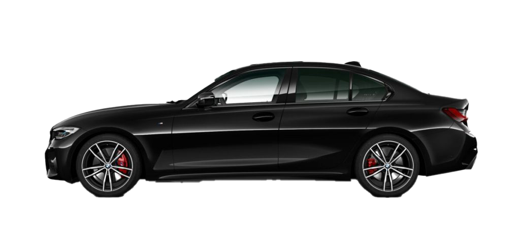 Schwarze Limousine mit sportlichem Design und roten Bremssätteln auf weißem Hintergrund