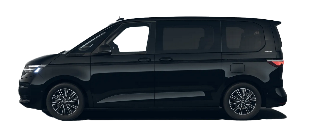 Ein schwarzer Van mit klaren Linien, dunklen Scheiben und modernen Felgen