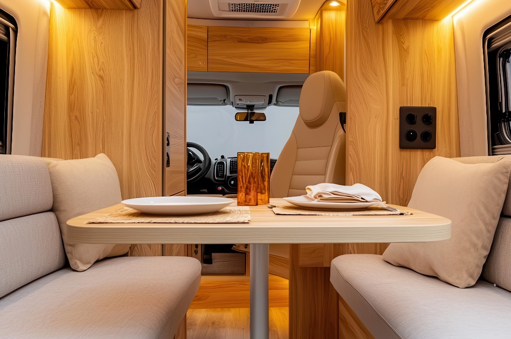 Ein luxuriöses Wohnmobil mit eingebauter LED-Stimmungsbeleuchtung und Premium-Soundsystem