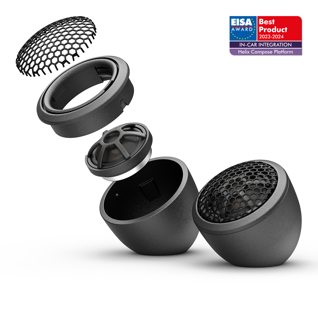 Mehrere schwarze Lautsprecherteile schweben übereinander und zeigen ihr Innenleben