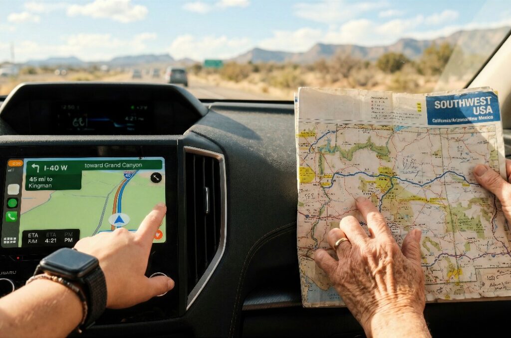 digitaler GPS-Navigation auf dem Armaturenbrett eines Autos und eine Papierkarte