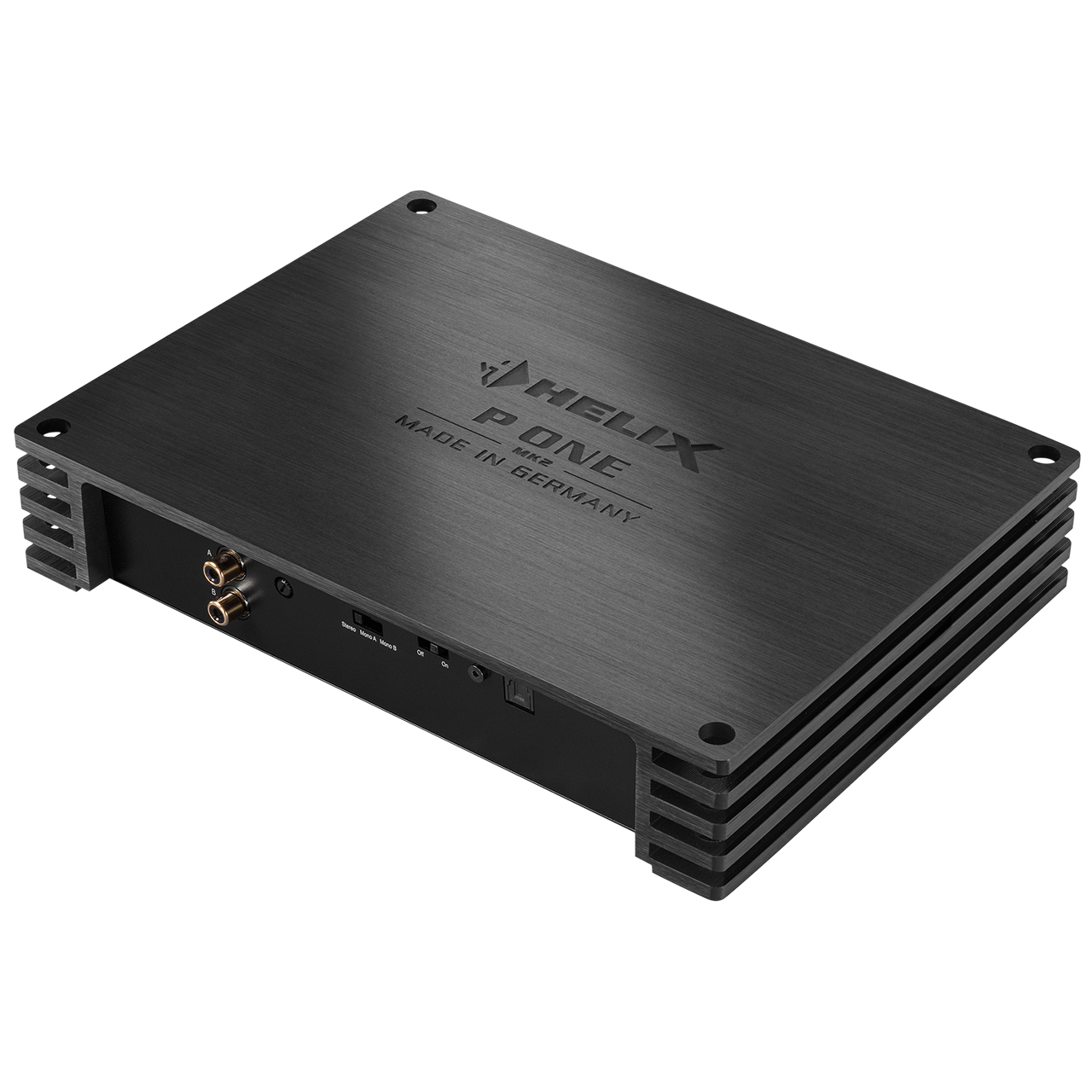 Schwarzer Helix P One MK2 Verstaerker aus Aluminium mit Cinch Anschluessen
