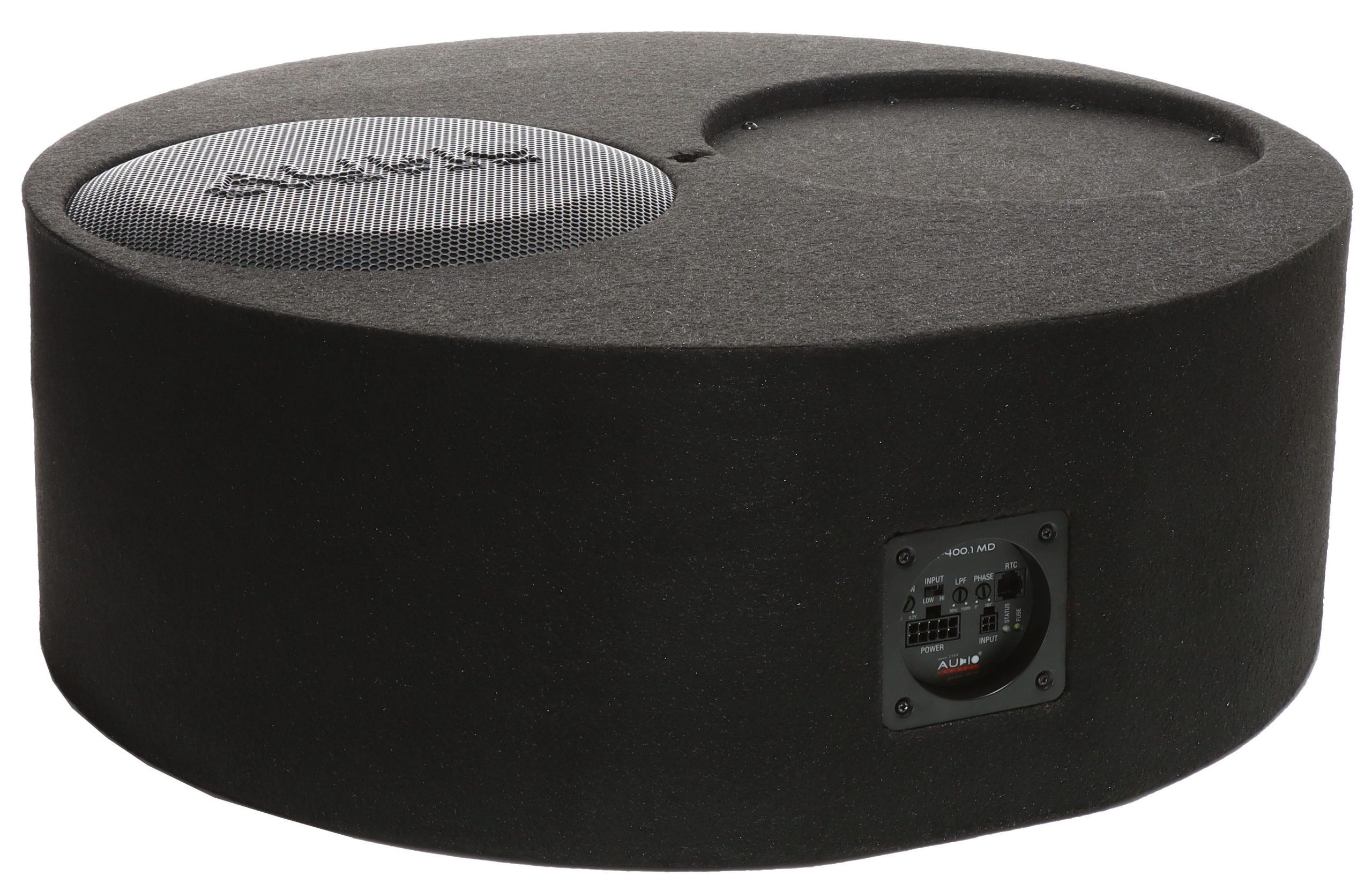 Runder schwarzer Aktivsubwoofer mit Gittergrill und seitlichem Anschlussfeld